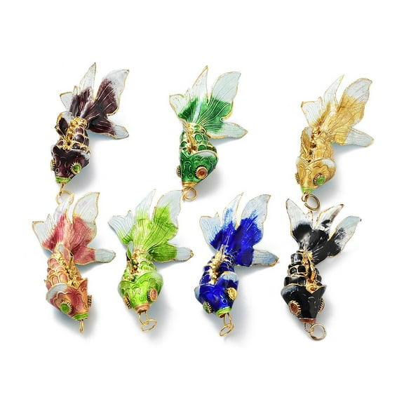 Brass Cloisonne Pendants Gold Fish Charms with Jump Rings Golden Mixed Color 75x38~42.5x22mm Hole: 6.5mm