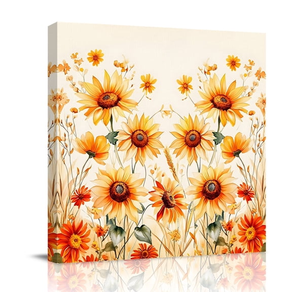 Country Sunflower Canvas Wall Art for Living Room, Watercolor Orange Florals Field Farmhouse Poster Print Painting for Bedroom Office Home Decoration Wall Pictures Prepare To Hang 12"x12"