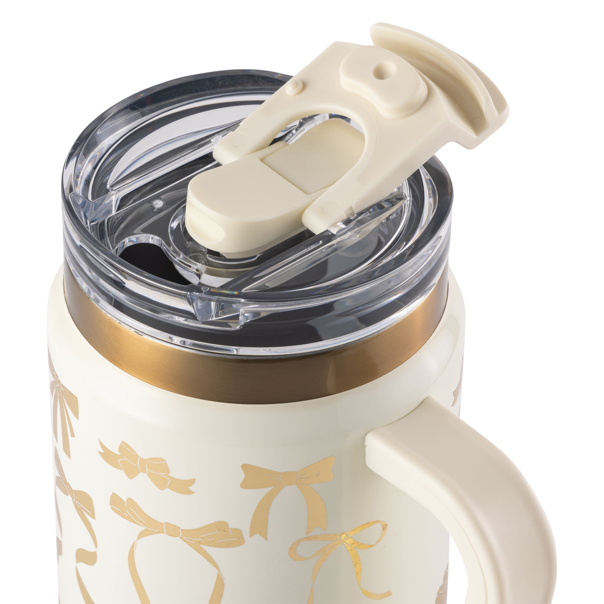 Thyme & Table 32 fl oz Stainless Steel Luna Tumbler with Handle and Dual Straw Lid, Cream & Gold Bows