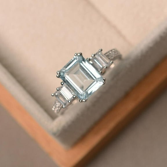 Gems Jewels 2 Ct Emerald Cut Aquamarine Wedding Engagement 14K White Gold Plated 925 Sterling Silver For Women's -9.5