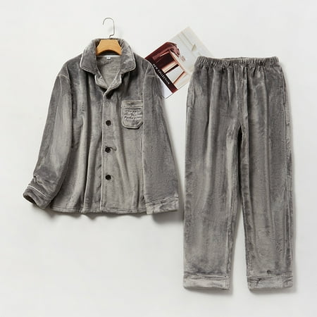 

Couples flannel pajamas for men and women autumn and winter coral fleece thickened home clothes warm embroidery set Gray XXL