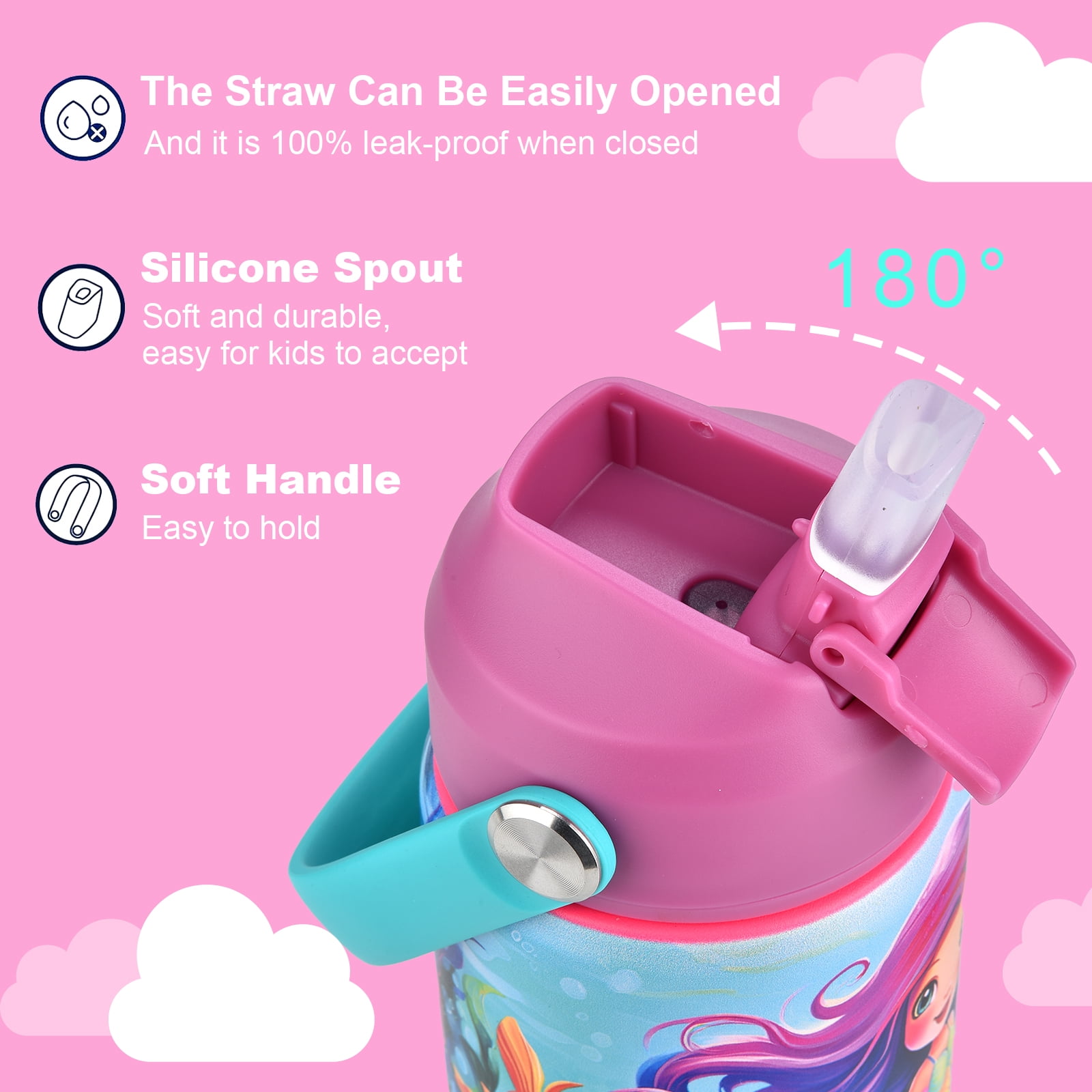 CaseTown 12oz Kids Insulated Water Bottle, Leak-proof Toddler Cup With Straws Lids, Kids Water Bottles For School Boys Girls, Stainless Steel Vacuum Insulated Bottle For Kids (Cute Mermaid)
