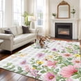 thumbnail image 2 of Large Area Rugs for Living Room Bedroom, Pink Purple Flower 8'x10' Rug Washable Carpet Runner Indoor Outdoor, Spring Country Floral Leaf Grey Plaid Non Slip Floor Mats Rug for Kitchen, Patio, 2 of 8