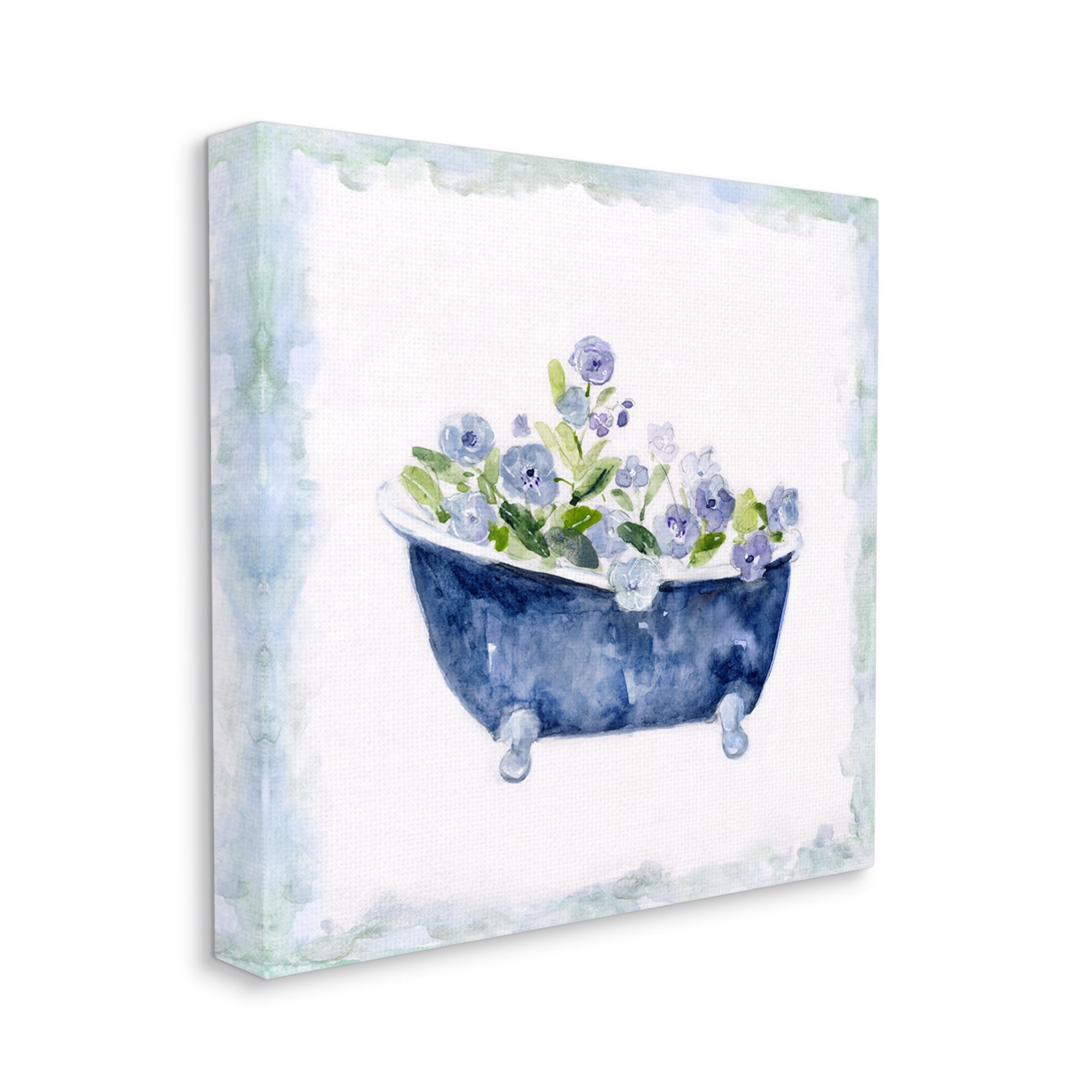 Stupell Industries Charming Blue Bathtub Botanical Floral Design Watercolor Border Modern Painting Gallery-Wrapped Canvas Print Wall Art, 24 x 24, Design by Sally Swatland