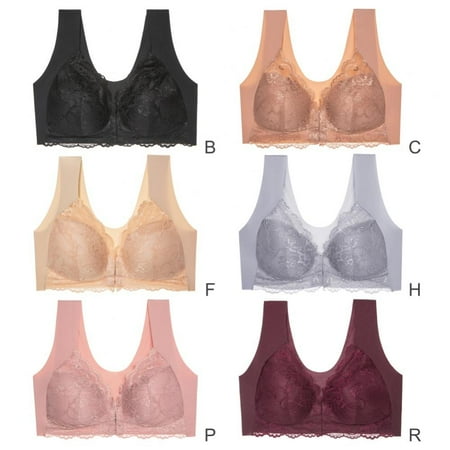 

6pcs Women Bra Front Buckle Thin Bra Floral Lace Trim Push Up Bra Wide Shoulder Strap Bra Casual Wireless Bralette Vest Underwear