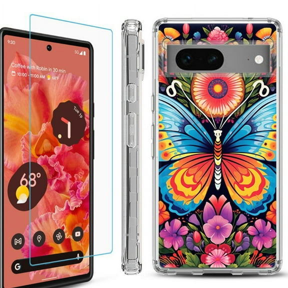 OneToughShield ® Compatible with Google Pixel 8, Shockproof Phone Case, with Tempered Glass Screen Protector - Butterfly Garden