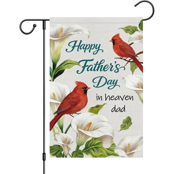 Fathers Day in Heaven Garden Flag Double Sided Burlap Memorial Yard Flag with Cardinal and Calla Lily Outdoor Decor 12 x 18 Inch