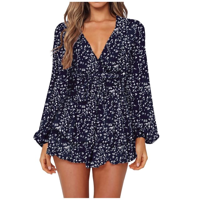 Monos de playa con estampado floral para mujer, monos florales con dobladillo con volantes y nudo de manga larga con escote en V profundo