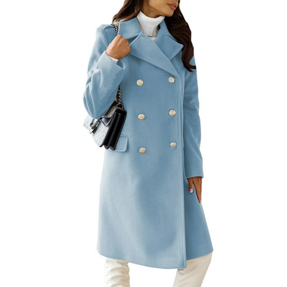 Innerwin Trench Coats Notch Lapel Ladies Wool Pea Coat Winter Double Breasted Casual Overcoats blue L