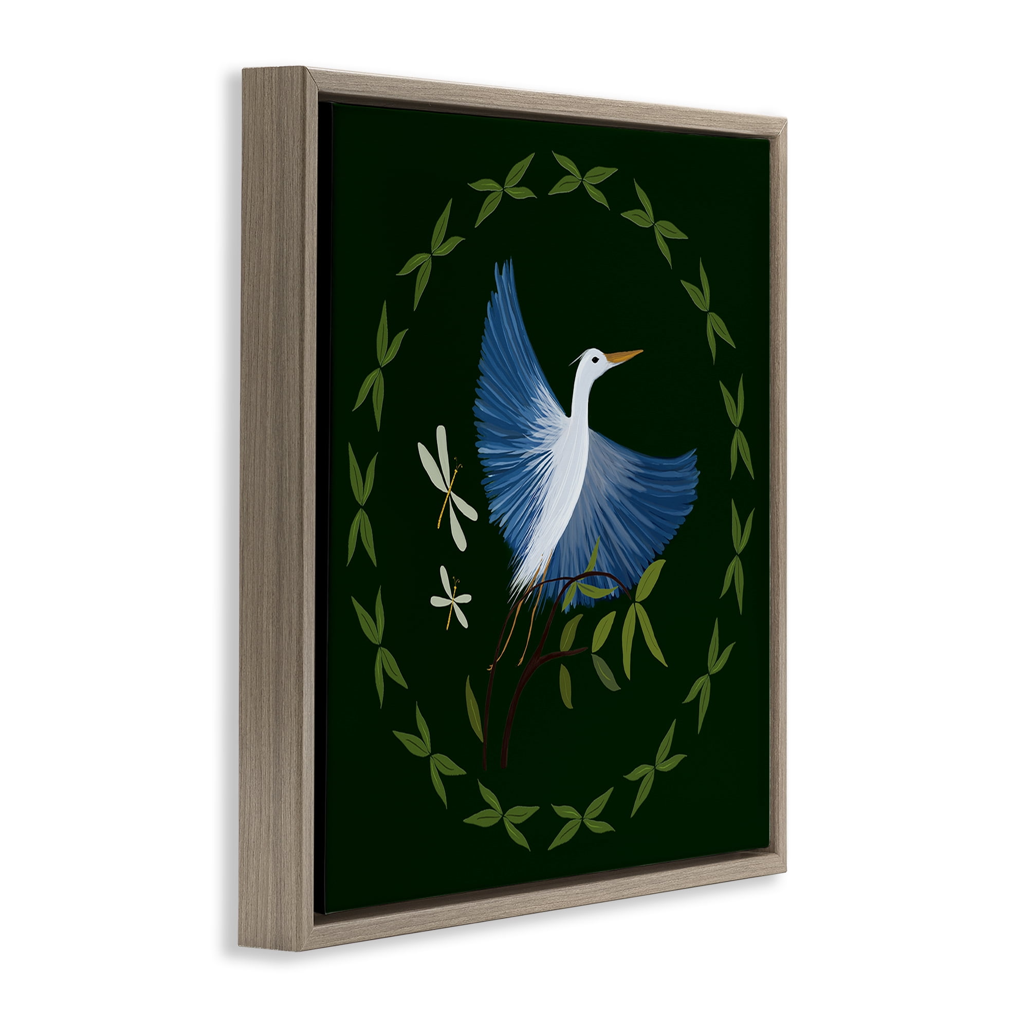 Stupell Industries Heron & Dragonflies Wreath Animals Painting Brown Floater Framed Canvas Art Print Wall Art, 18 x 18