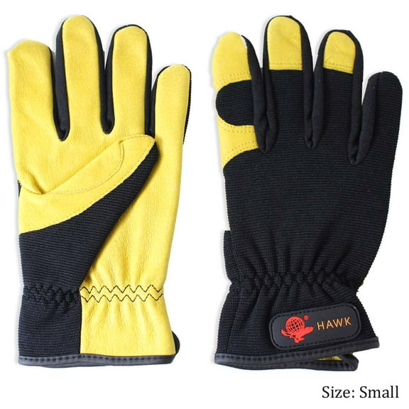 HAWK Men's Soft Yellow Leather & Breathable Black Nylon Back Gloves | Size Small (S) | Adjustable Wrist | Ideal for Driving, Work & Sports