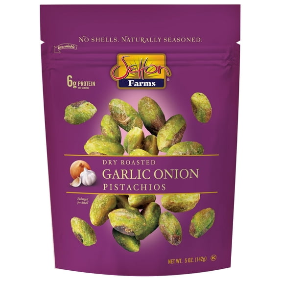 Setton Farms Naturally Seasoned GGA1 Pistachio Kernels, Garlic Onion, No Shell Pistachios, Certified Non-GMO, Gluten Free, Vegan and Kosher, 5 oz Resealable Pouch