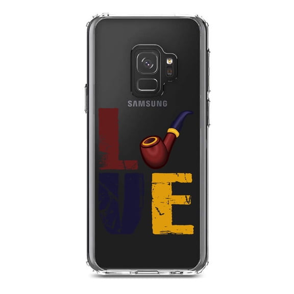 DistinctInk Clear Shockproof Hybrid Case for Samsung Galaxy S9 (5.8" Screen) - TPU Bumper Acrylic Back Tempered Glass Screen Protector - Love Pipe Smoking