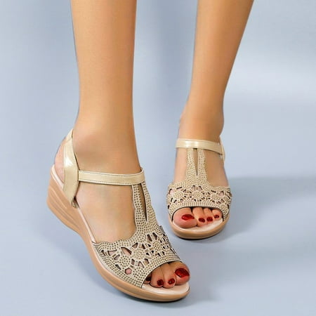 

〖Yilirongyumm〗 Gold 38 High Heels For Women Heel Sandals Fish Women s Summer Elastic Hollow Spring Middle Mouth Roman Wedge Rhinestone Out Women s Middle Heels