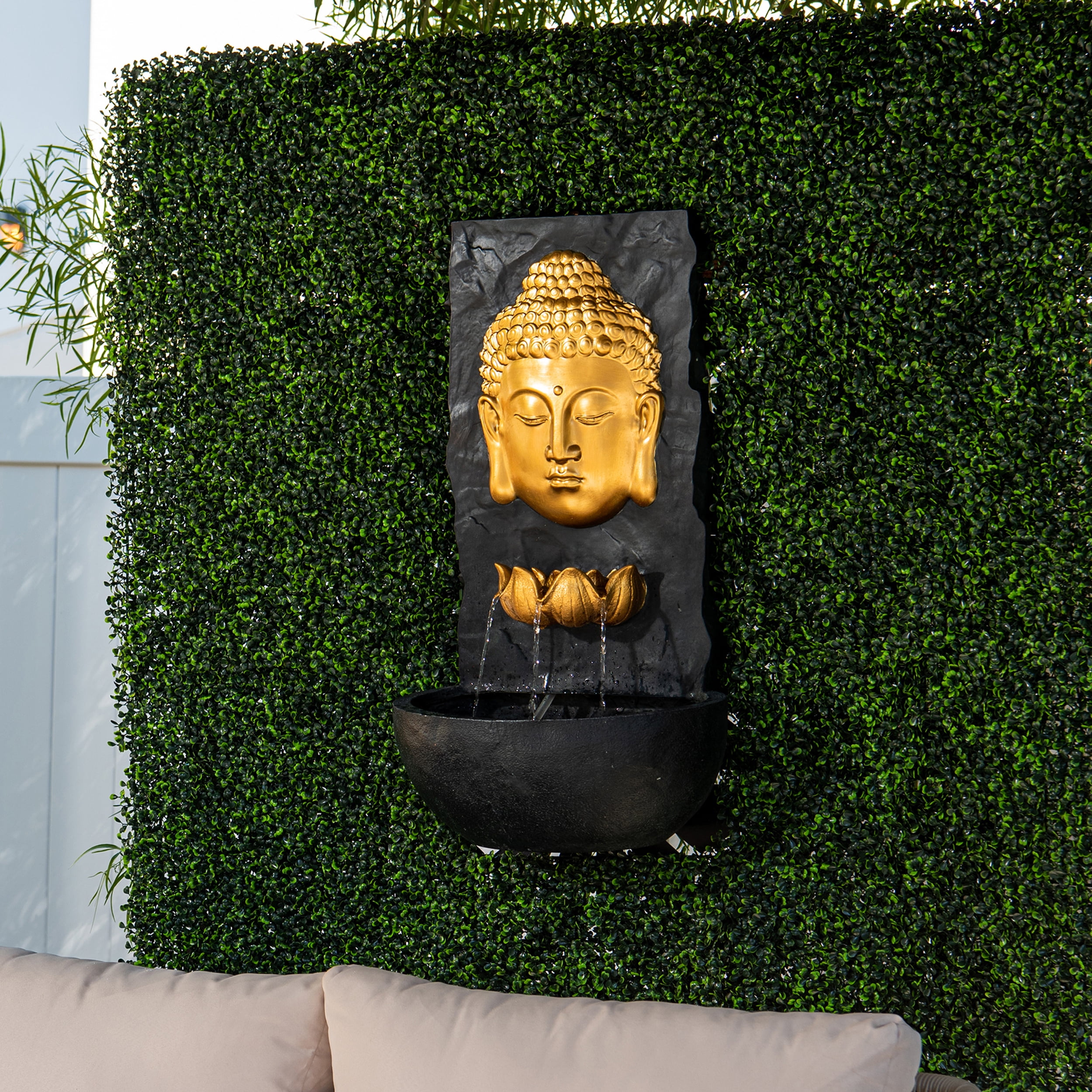 XBrand 30 in H Fiber Resin Wall Buddha Zen Outdoor Garden Water Fountain w/ warm LED Light, Gold