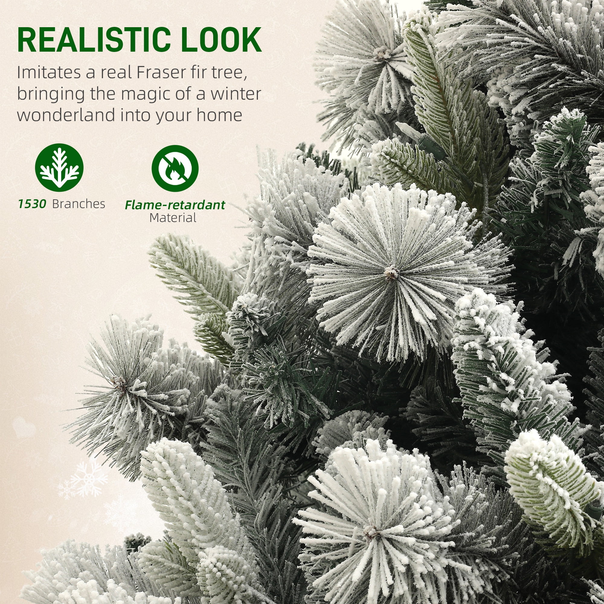 7.5ft Prelit Snow Flocked Christmas Tree with 500 Clear Lights 1530 Tips Auto-Open Branches Indoor Decor