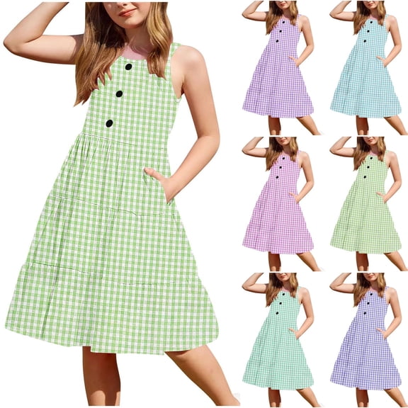 Hrsba Dresses for Girls Summer Casual Sleeveless Round Neck Button Tiered Dress with Pockets Comfortable Fabric for Daily and Holiday Wear Toddler Girls Dress