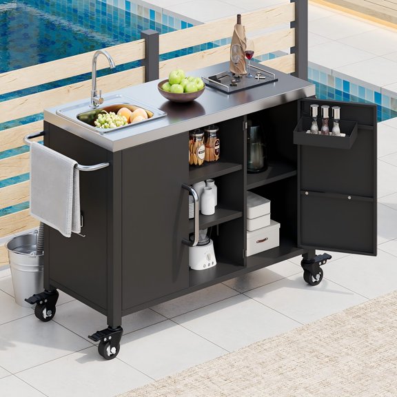 AENKYO Outdoor Metal Grill Station with Sink, Stainless Steel BBQ Prep Table with Faucet, Storage, Wheels, Black