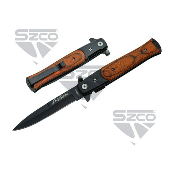 Stiletto-Inspired 5" Wood Look Folding Decorative Piece with Black Stainless Steel Blade and Pocket Clip