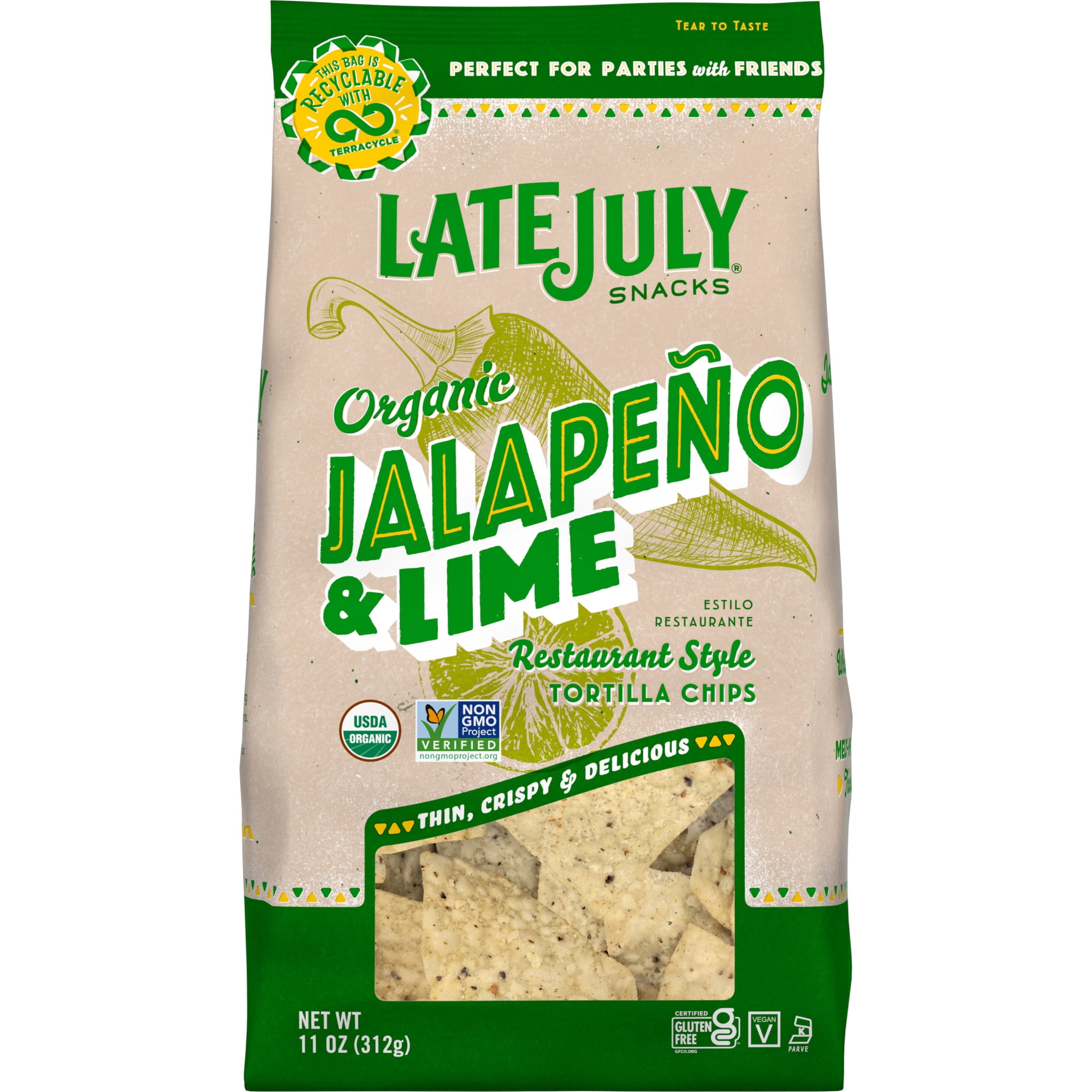 LATE JULY Snacks Restaurant Style Jalapeno & Lime Tortilla Chips, 11 oz. Bag