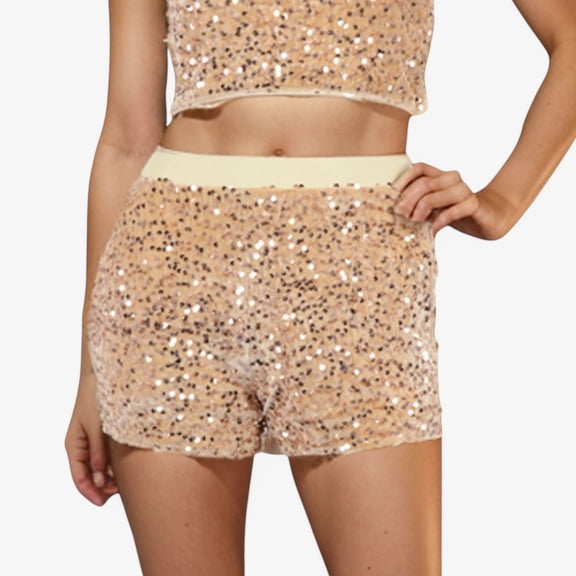 Women's High-Waisted Sequin Shorts with Elastic Waistband - Large, Gold