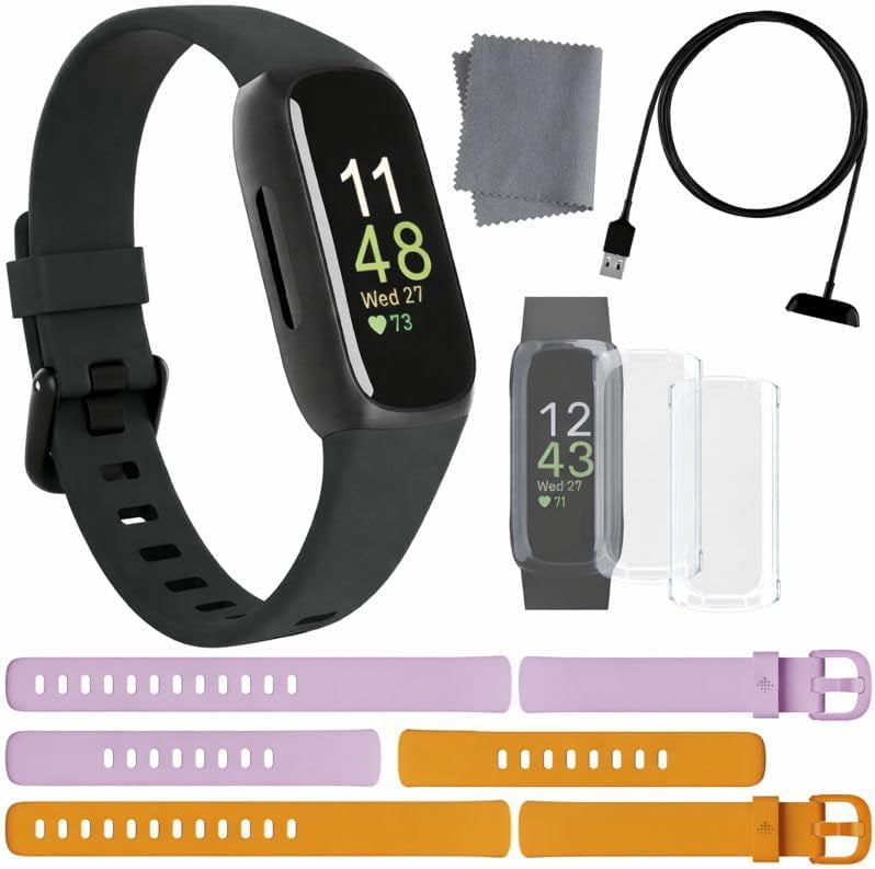Fitbit Inspire 3 Health & Fitness Tracker Bundle - with Stress Management, Workout Intensity, Sleep Tracking, 24/7 Heart + 2 Silicone Bands, 2 Screen Protectors, Cleaning Cloth & Fast Charger