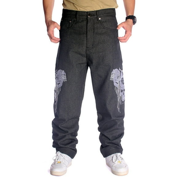 Ruiatoo Baggy Jeans for Men Classic Relaxed Fit Vintage Hip Hop Skateboard Pants with Embroidery 801 Black Size 30