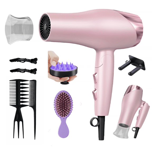 Foldable Hair Dryer with 8 Accessories ，Compact Design for Home  and  Travel |,Fast Drying Gift Set for Women/Men,Pink
