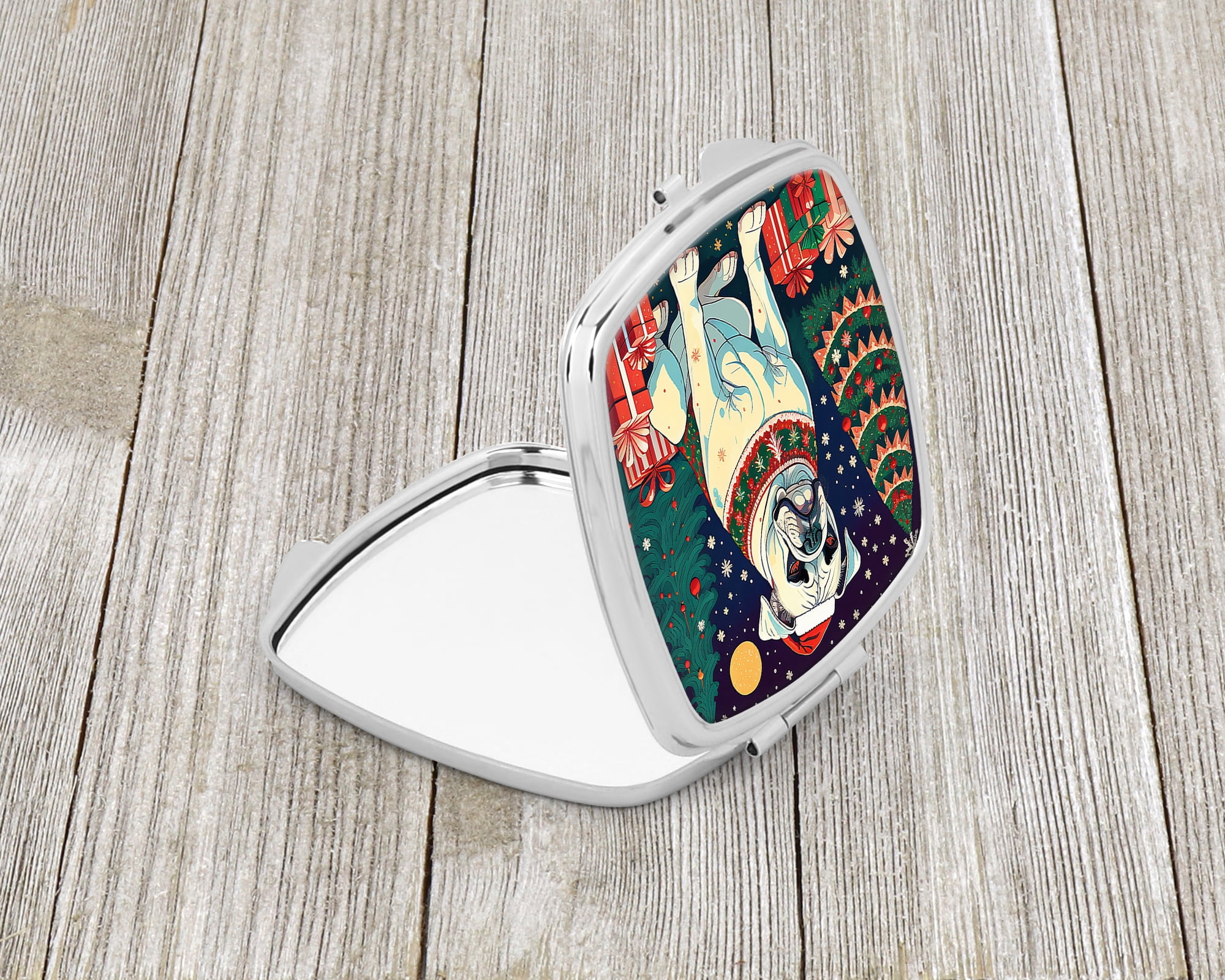 White Boxer Christmas Compact Mirror 2.75 in x 3 in