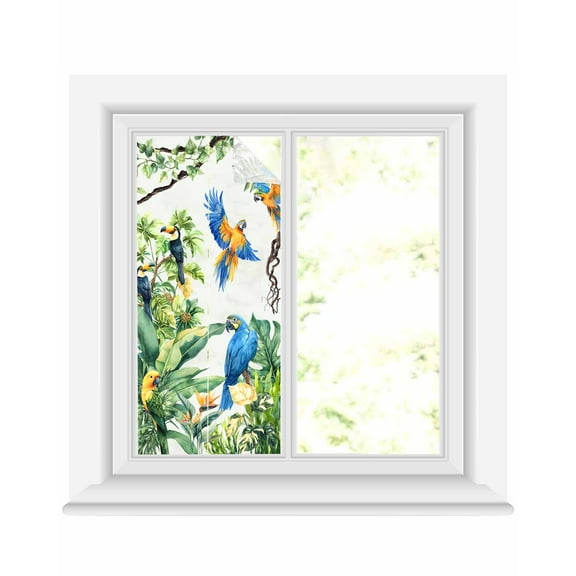 Window Privacy Film Tropical Toucan Parrot Stained Glass Window Film Decorative Sun Block Window Cover Summer Palm Leaf Watercolor Window Clings Static Adhesive Sticker for Bathroom 17.7"x39.3"