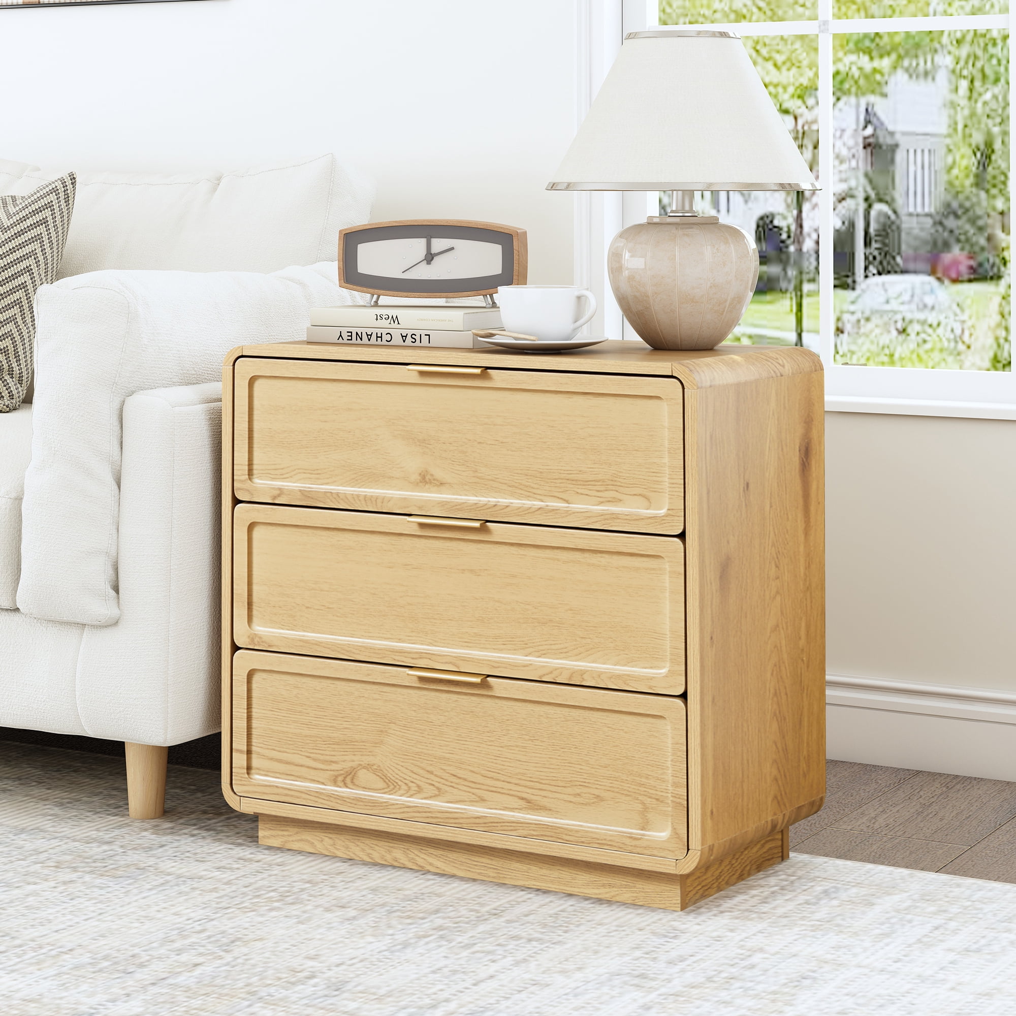 Mid-Century Modern 3-Drawer Dresser & Nightstand, Wood Storage Cabinet for Bedroom, Living Room or Entryway, Farmhouse Bedside Table, Oak