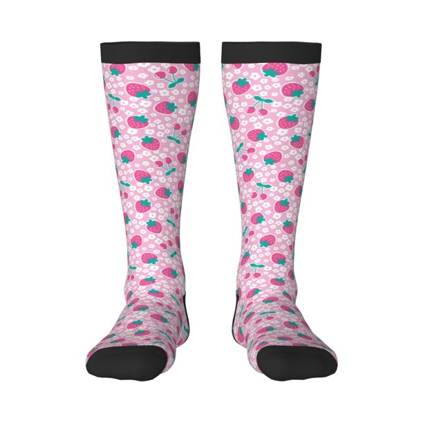 Fotbe Cherry Strawberry Calcetas Divertidas Estampadas para Hombre y Mujer, Calcetas de Algodón hasta la Rodilla para Caminar, Correr, Enfermería y Embarazo