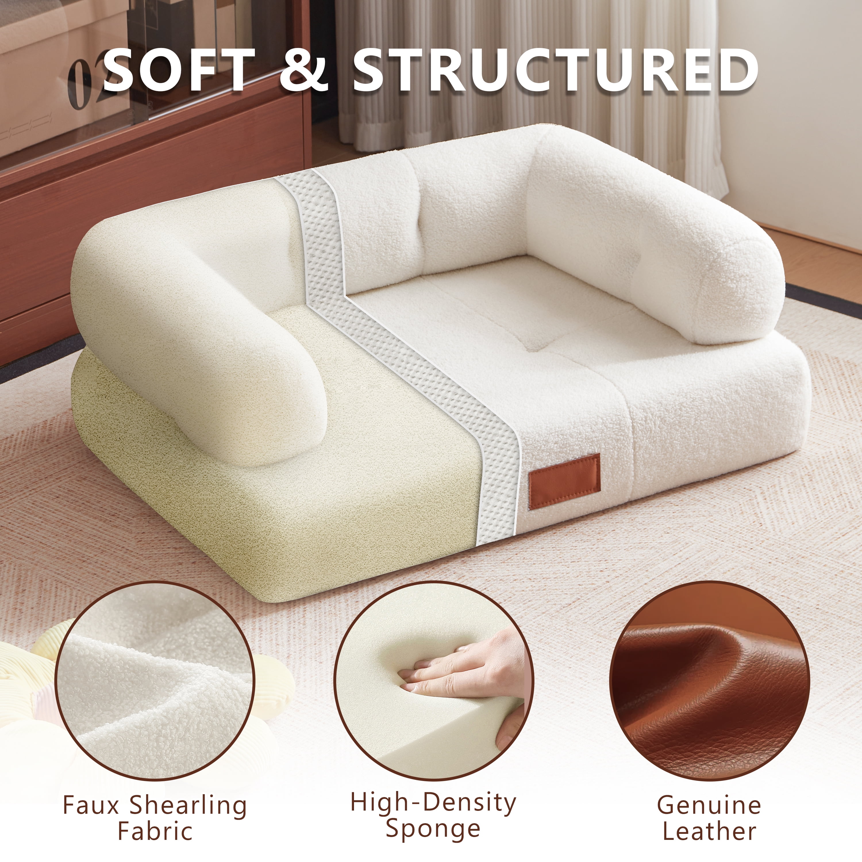 33.9'' White Faux Shearling Dog Bed Couch for Large and Medium Dogs up to 70lbs, Modern Luxury Orthopedic Elevated Pet Bed Sofa Cat Bed Couch with Leather Name Plate Indoor Furniture Style