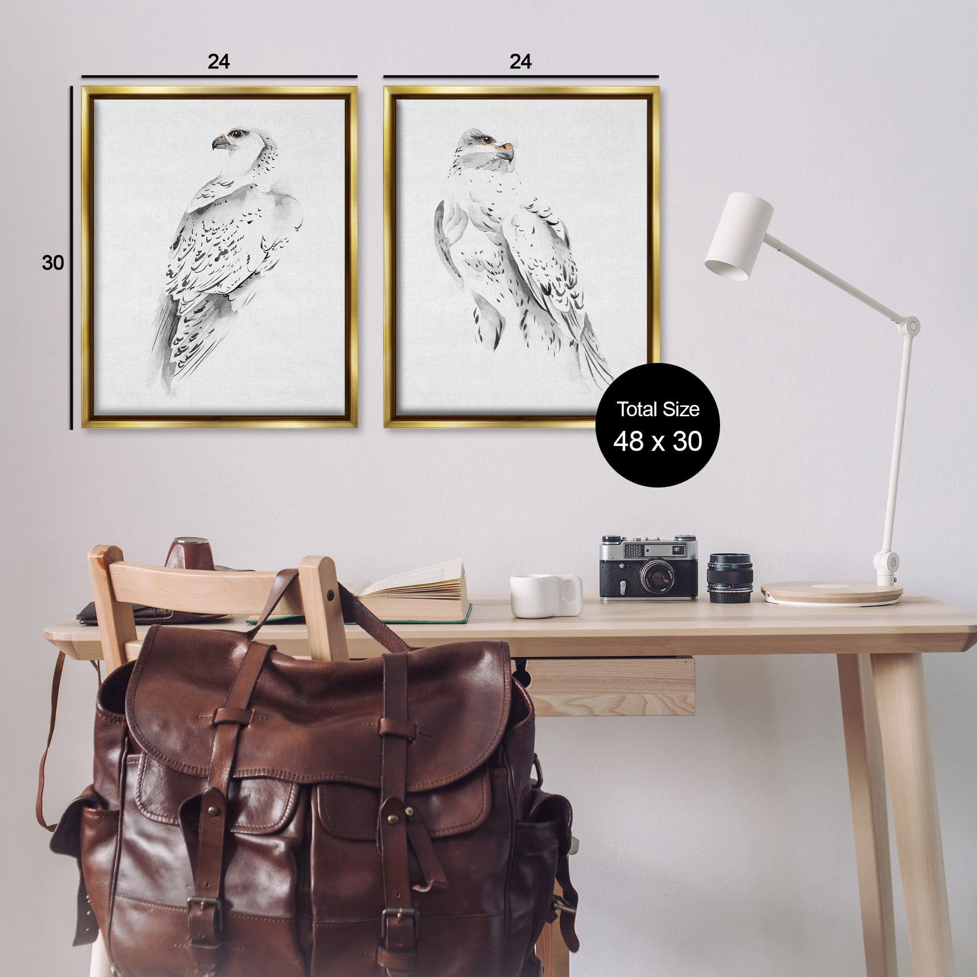 Stupell Industries White Hawk Winter Birds Animals & Insects Painting Gold Floater Framed Canvas Art Print Wall Art, 25 x 31, Set of 2
