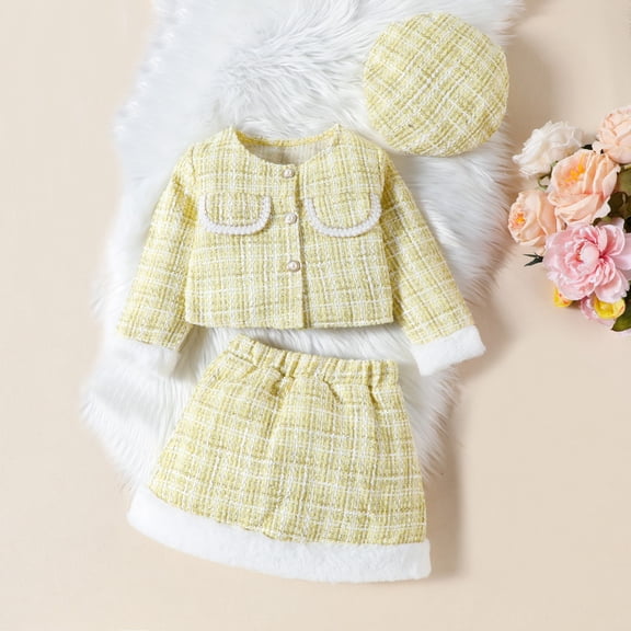 Europe and The United States Girls Small Fragrance Suit Autumn New Furry Patchwork Coat Skirt Beret Three Set
