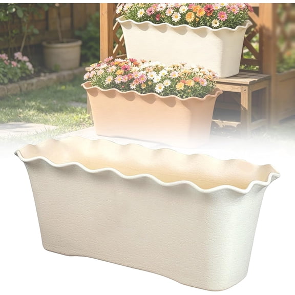 Large Rectangular Flower Pot for Window Sill, Plastic Window Planter Box with Wavy Ruffled Edge, Indoor Outdoor Plant Container for Herbs (16x7in, white)