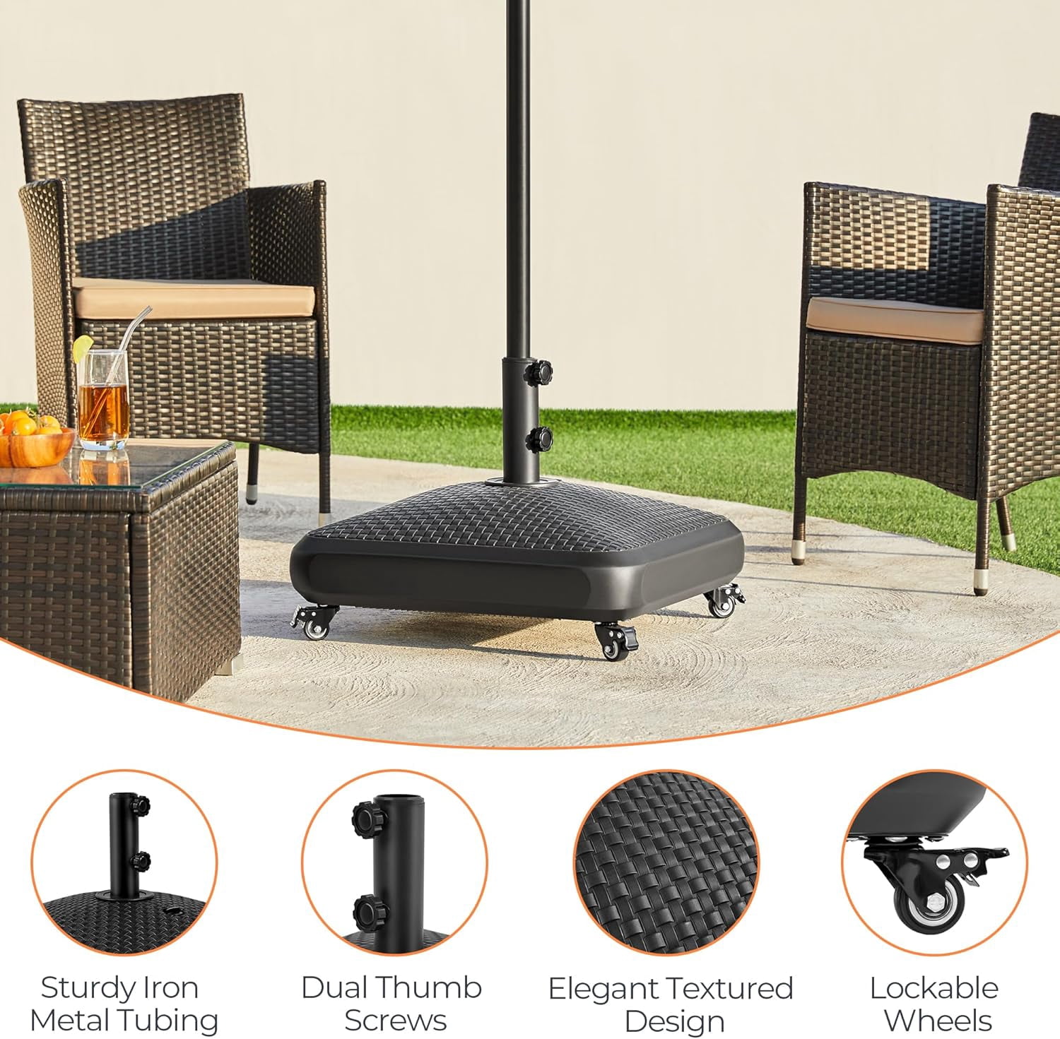 MONGJI 123lb Capacity Fillable Mobile Patio Umbrella Base, Windproof Heavy Duty Market Stand with 4 Wheels, 4 Locks 2 Knobs for Deck, Poolside, Garden,Black-Faux Rattan