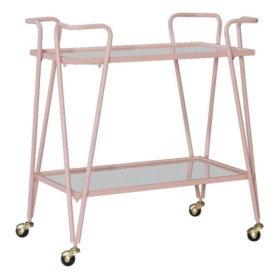 Linon Mia Metal and Mirrored Mid Century 2 Level Rolling Bar Cart in Pink