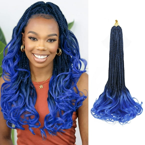 French Curl Crochet Braids for Black Women-18 Inches 8 Packs Goddess Box Braids,Ombre Blue Soft Pre Looped Braided Synthetic Hair Extensions with Curly Wavy Ends(18""-8 Packs,T1B/Blue)
