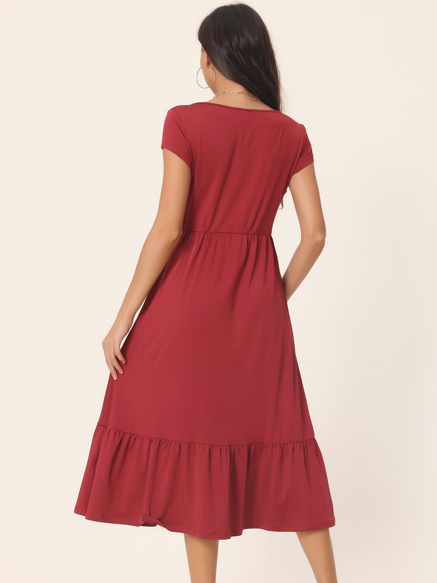 Unique Bargains Women's Tiered Round Neck Ruffle Hem Short Cap Sleeve Knit Midi Dress S Wine Red