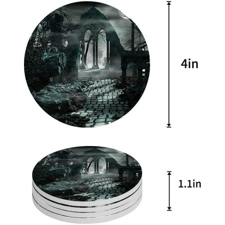 

FMSHPON Halloween Gothic Architecture Horror Night Trees Black Set of 6 Round Coaster for Drinks Absorbent Ceramic Stone Coasters Cup Mat with Cork Base for Home Kitchen Room Coffee Table Bar Decor