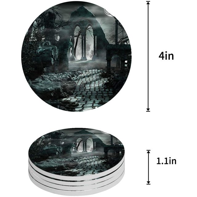 RYLABLUE Halloween Gothic Architecture Horror Night Trees Black Set of 6 Round Coaster for Drinks, Absorbent Ceramic Stone Coasters Cup Mat with Cork Base for Home Kitchen Room Coffee Table Bar Decor