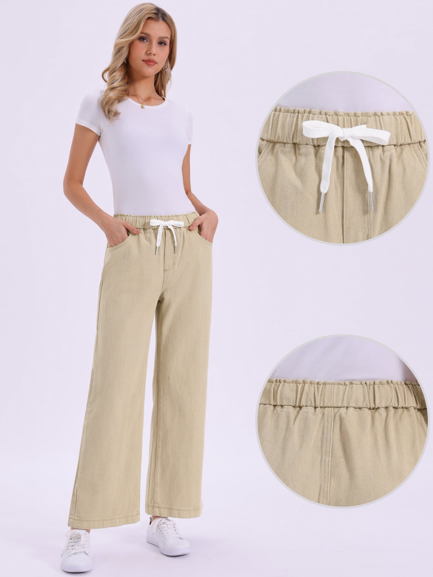 DARING DIVA Women's Trendy Elastic Waist Wide Legs Drawstring Jeans XS Khaki