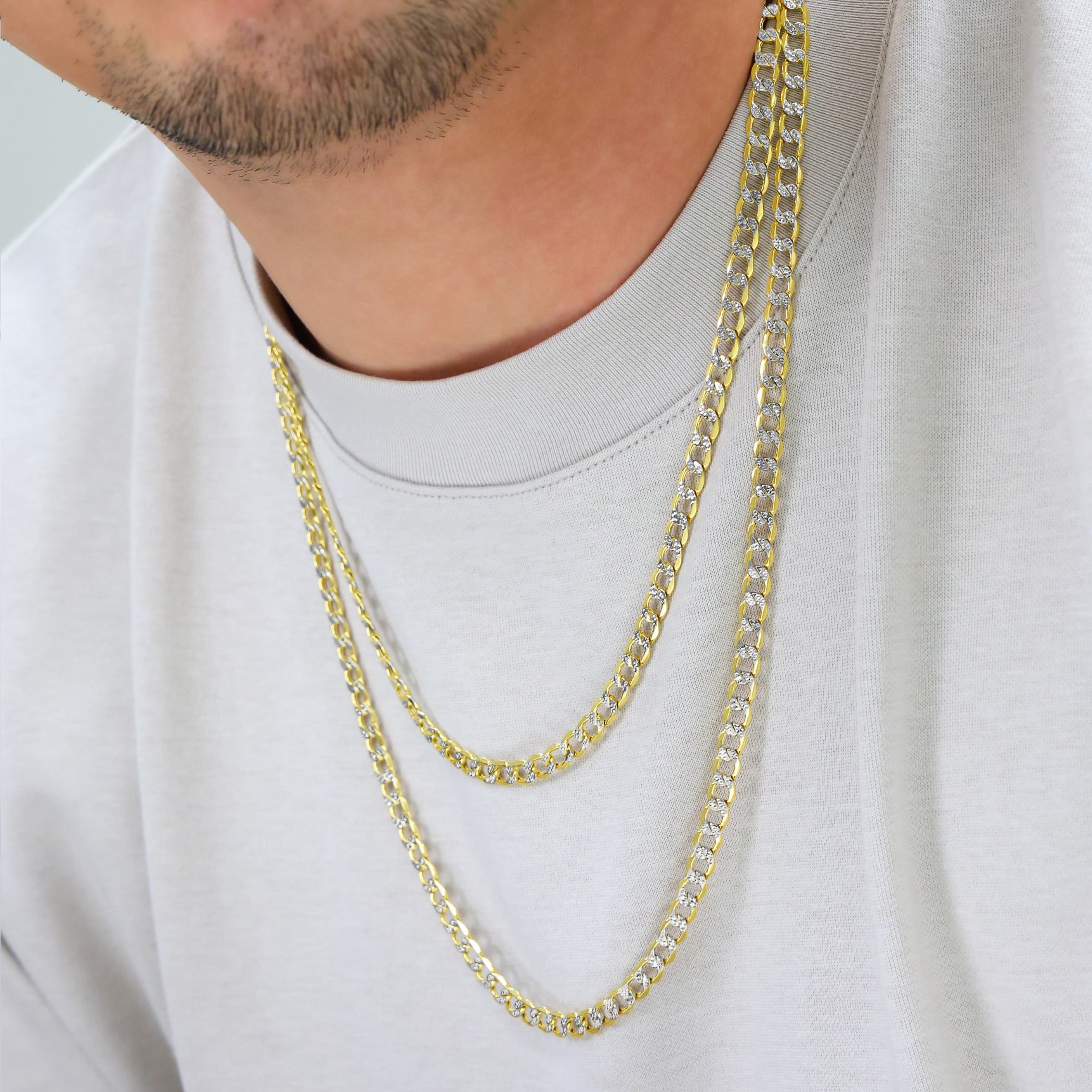 Nuragold 14k Real Yellow Gold Cuban Curb Link 5.5mm Diamond Cut Pave Chain Necklace (18"-26") Two Tone Italian Jewelry for Men