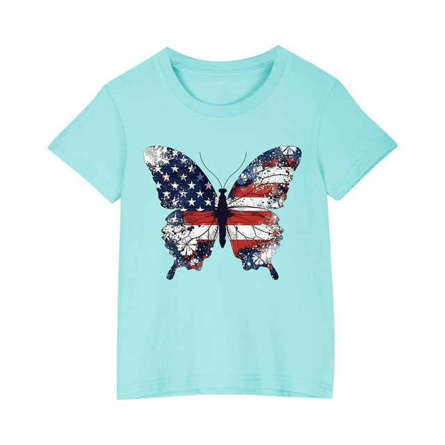 Vestido Corto de Verano Niños Niños Niñas Camiseta de Algodón Cuello Redondo Lindo Día de la Independencia Imprimir Top