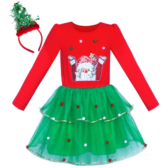 Girls Dress Christmas Tree Headband Santa Long Sleeve Party Dress 10 Years