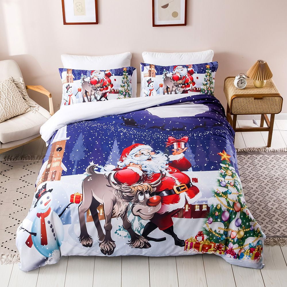 3 Pieces Christmas Tree Santa Claus Presents Print Bedding Bed Set Xmas