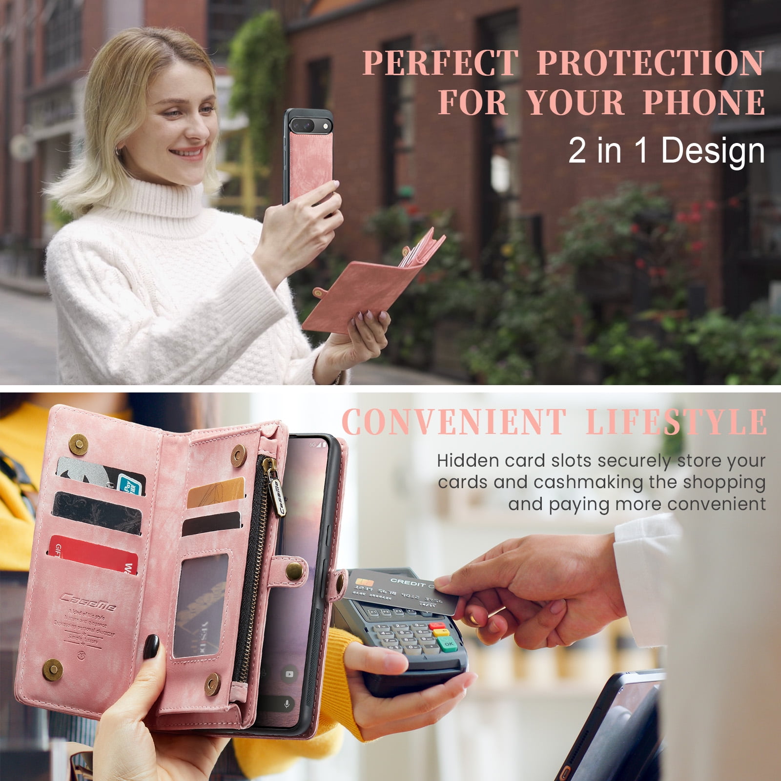 Feishell Durable 2- In-1 Magnetic Detachable Wallet Case for iPhone 16,for Women Men,Premium PU Leather Zipper Pocket Flip Multi Card Slots Purse Phone Case with Wrist Strap,Pink