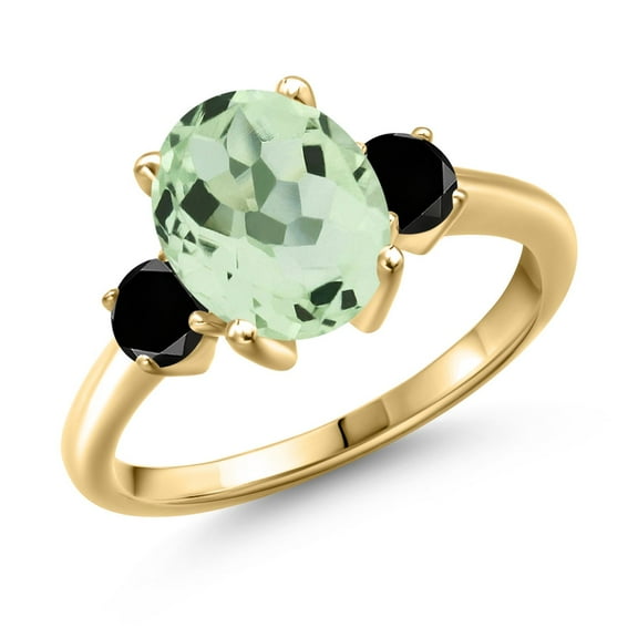 Gem Stone King 2.94 Ct Oval Green Prasiolite Black Diamond 18K Yellow Gold Plated Silver Ring