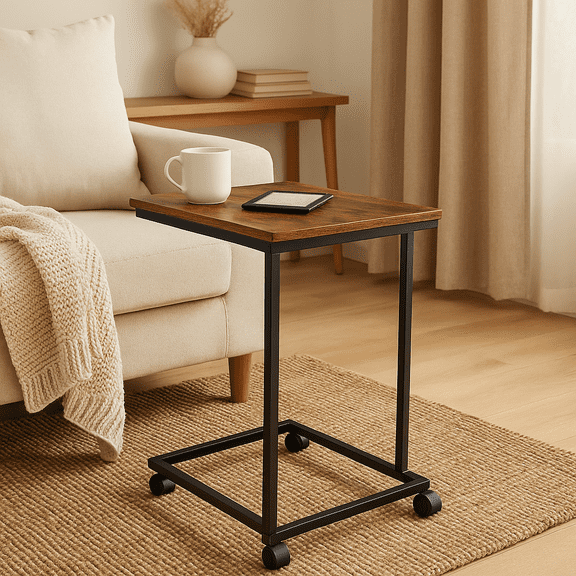Homy Casa C-Shaped End Table with Wheels for Sofa Side, Bedside & Reading Corner Use, Brown